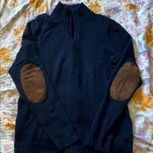 Rag & Bone dark blue 100% wool/laine trim Sweater with Brown Elbow Patches